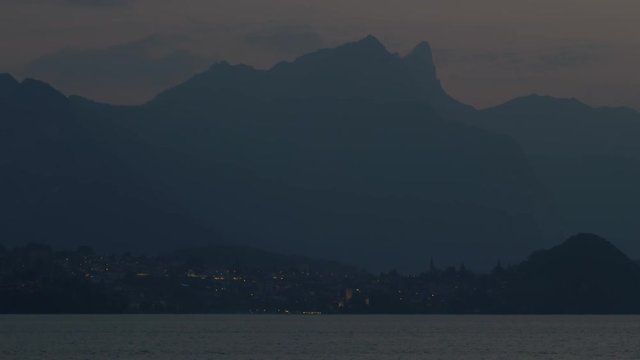 Lake Thun and the City of Spiez After Dark. Jungfrau Region, Switzerland