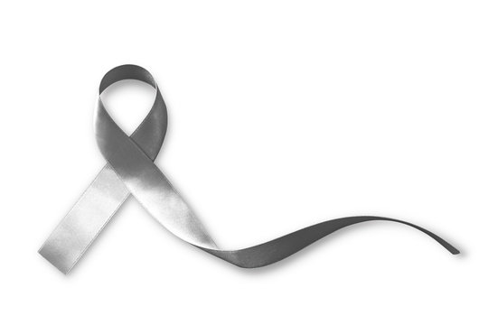 Silver color ribbon (isolated on white background clipping path) for Parkinson's disease awareness and Brain cancer tumor illness
