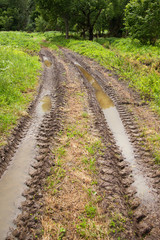 Fototapeta na wymiar Tractor track in wet ground.