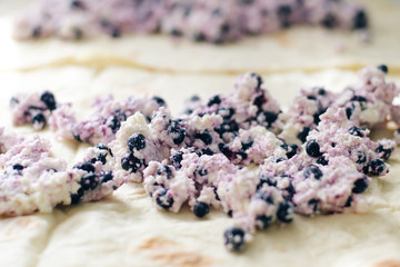 Cottage cheese and blueberry lying on a thin dough, selective focus
