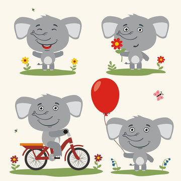 Vector set funny elephant play on meadow summer. Collection isolated elephant on bicycle, with balloon and flower in cartoon style.