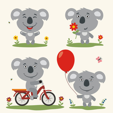 Collection isolated koala on bicycle, with balloon and flower in cartoon style. Vector set funny koala play on meadow summer. 