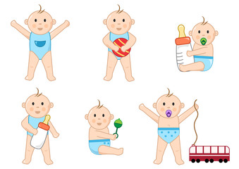 Children with toys, color set, vector illustration