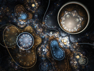 Gold and blue fractal machine, digital artwork for creative graphic design