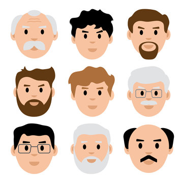 Flat set of young and old men, avatar, vector illustration