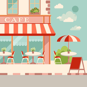 Modern flat vector illustration. Outdoor cafe in the european st