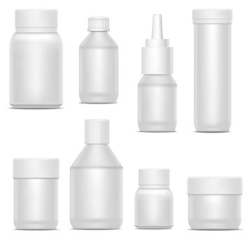 Realistic Template Blank White Plastic Bottle Pack Set. Vector