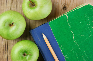apple and a notebook on a wooden background