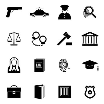 Silhouette Black Law and Justice Icon Set. Vector