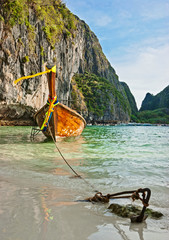 Traditional longtail boats in the famous Maya bay of Phi-phi Leh island, Thailand