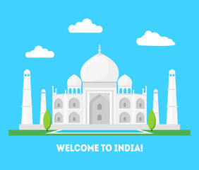 Cartoon Taj Mahal Symbol of India Background Tourism Concept. Vector