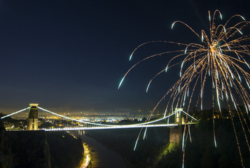 Fireworks over suspension bridge