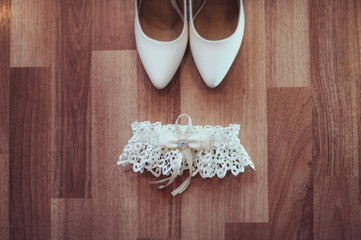 Bridesmaid dresses, shoes, garter, bouquet, rings, bracelet, beads, accessories