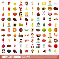 100 catering icons set, flat style