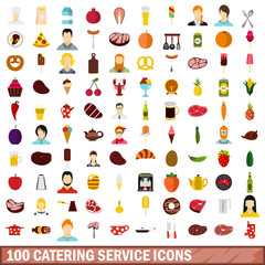 100 catering service icons set, flat style