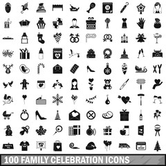 100 family celebration icons set, simple style 