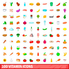 100 vitamin icons set, cartoon style