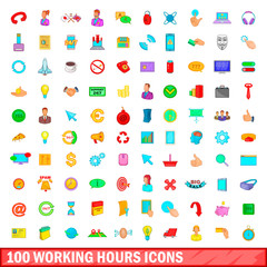 100 working hours icons set, cartoon style