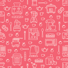 Kitchen utensil, small appliances red seamless pattern with flat line icons. Background with household cooking tools - blender, mixer, food processor, coffee machine, microwave, toaster. Electronics.
