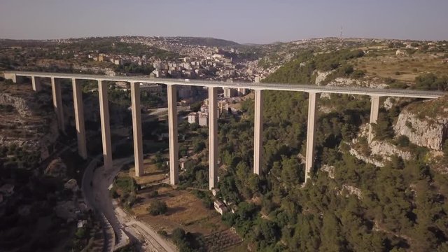 flying over Modica viaduct towards the town