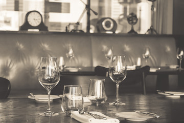 Interior of modern vintage restaurant in vintage sepia monotone color.