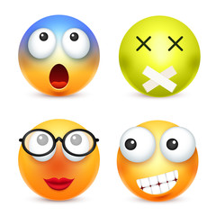 Smiley,emoticon set. Yellow face with emotions. Facial expression. 3d realistic emoji. Sad,happy,angry faces.Funny cartoon character.Mood. Web icon. Vector illustration.