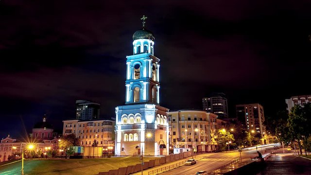 Belltower of the Samara Iversky Monastery in the City of Samara on the Volga River in Russia, time lapse