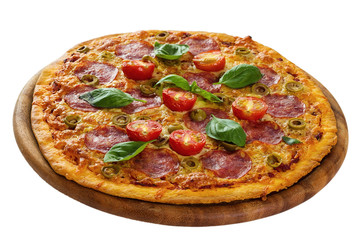 Delicious pizza served on wooden plate isolated on white