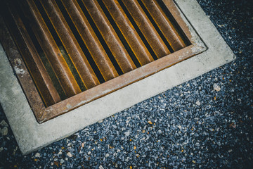 Drain on the street. Water drain on the sidewalk in the asia city for background with copy space...