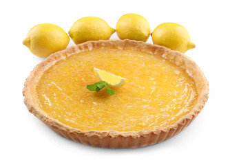 Delicious pie with lemons on white background