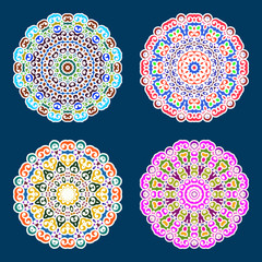 Floral emblems, round decorative ornaments isolated on blue, bright colorful mandala patterns set, eastern, islamic, muslim, indian circular symbols collection.
