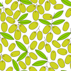 Olive branch seamless pattern, olive background hand drawn vector. Olives graphic. Mediterranean food wallpaper. Illustration for wrapping, wallpaper or print.