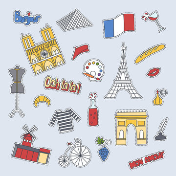 Hand drawn patch badges with France symbols - Eiffel tower Moulin Rouge Triumphal arch, champagne bike flag croissant beret perfume. Stickers, pins and patches in cartoon 80s-90s comic style