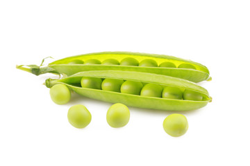 Fresh green peas on white background