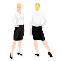 Vector illustration of woman in formal black skirt, white blouse and shoes on flat heel on white background. Various turns woman's figure. Front view and back view.