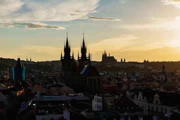 Naklejka premium Prague, Czech Republic. Silhouettes of towers and castle.