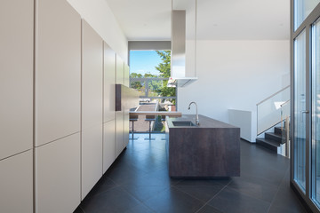 White kitchen with large windows