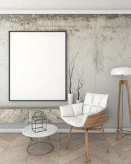 mock up poster frame in loft interior background, modern style, 3D render, 3D illustration