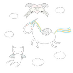 Hand drawn vector illustration of a cute unicorn with wings and angel cat, flying among the clouds, with heart and text Angel on a ribbon.