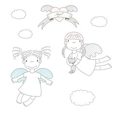 Hand drawn vector illustration of two cute little angel girls, one holding kitten, flying, winged heart and text Angel on a ribbon.