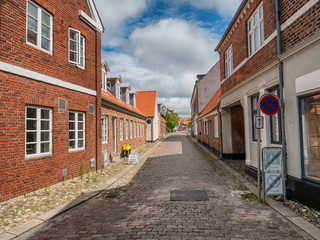 Fototapeta na wymiar Traditional homes with cobbled streets in Ringkobing, Denmark