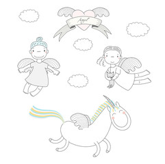 Hand drawn vector illustration of two cute little angel girls, one holding kitten, and unicorn, winged heart and text Angel on a ribbon.