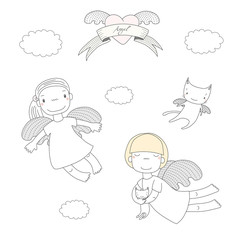 Hand drawn vector illustration of two cute little angel girls, one holding kitten, and angel cat, heart and text Angel on a ribbon.