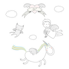 Hand drawn vector illustration of a cute angel girl, holding kitten, unicorn with wings and angel cat, heart and text Angel on a ribbon.
