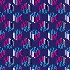 Seamless pattern with line style isometric cubes. Abstract futuristic geometric vector background