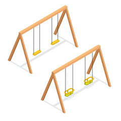 Isometric swings for kids and toddlers. Playground element 3d vector icon