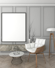 Fototapeta na wymiar mock up poster frame in grey interior background, classic style, 3D render, 3D illustration