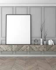 mock up poster frame in grey interior background, classic style, 3D render, 3D illustration