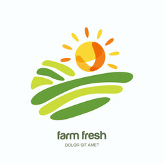Farm and farming vector logo, label, emblem design. Isolated illustration of fields, farm landscape and sun. Concept for agriculture, harvesting, natural farm, organic products. - 163899765
