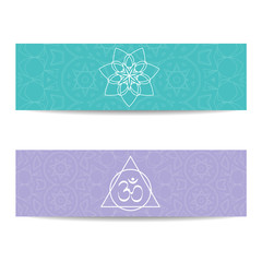 Yoga studio template. Set of horizontal purple and turquoise flyers with chakra and mandala symbols. Design for yoga studio, spa, center, classes, poster, invitation, gift certificate and presentation